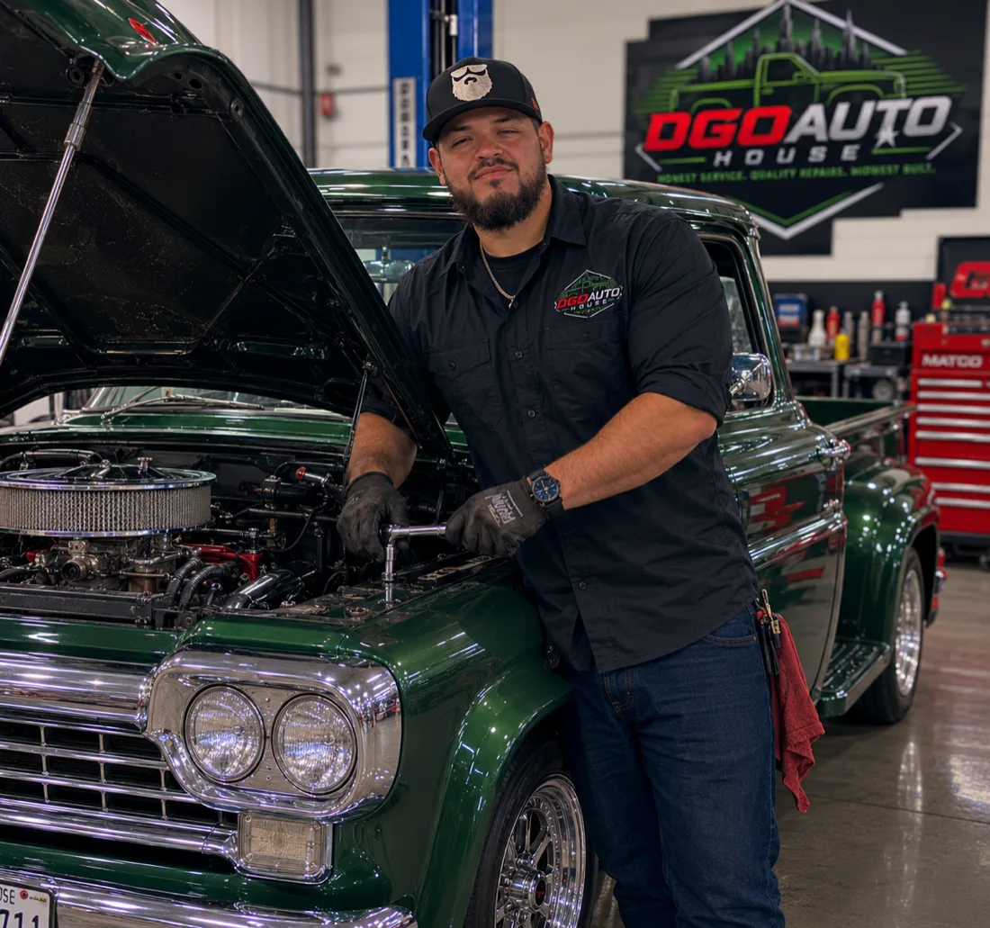 Daniel Gutierrez, owner and mechanic at DGO Auto House, working on a classic green truck in the shop